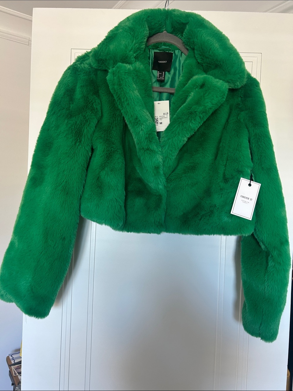Forever 21 Premium Label Green Faux-Fur Cropped Pea Coat